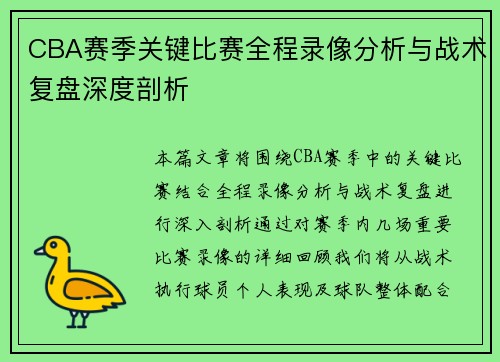 CBA赛季关键比赛全程录像分析与战术复盘深度剖析